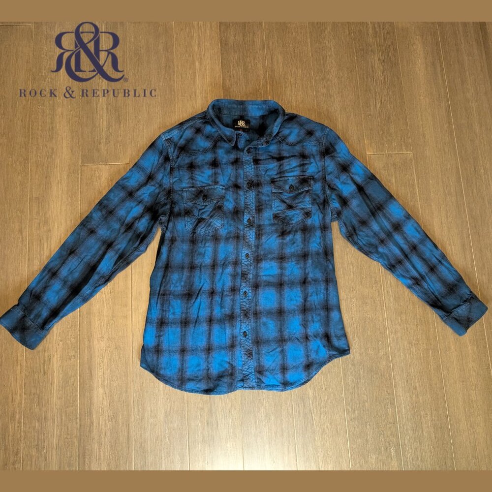 Rock & Republic, Adjustable Sleeve Flannel Shirt, Black & Blue, Sz XL, Cotton